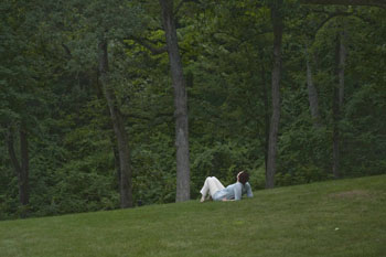 Laura Gordon (Milwaukee Repertory Theater) enjoys the beautiful Ten Chimneys grounds after lunch.