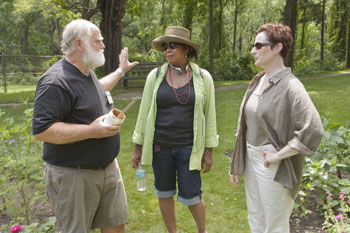 Ten Chimneys volunteer and Master Gardener Dan Cummings talks with Fellows Jacqueline Williams (Goodman Theatre) and Laura Gordon (Milwaukee Repertory Theater) on the Estate Wednesday morning.