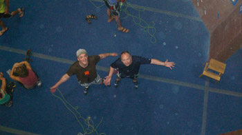 Andrew Long (left, Shakespeare Theatre Company) and Pete Pryor (The Wilma Theater) prepare for a rock-climb in Pewaukee during an evening off. (Photo by Celeste Ciulla)